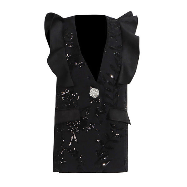 Shimmering Sequin Leaf Ruffled V Neck Metallic One Button Long Blazer Vest