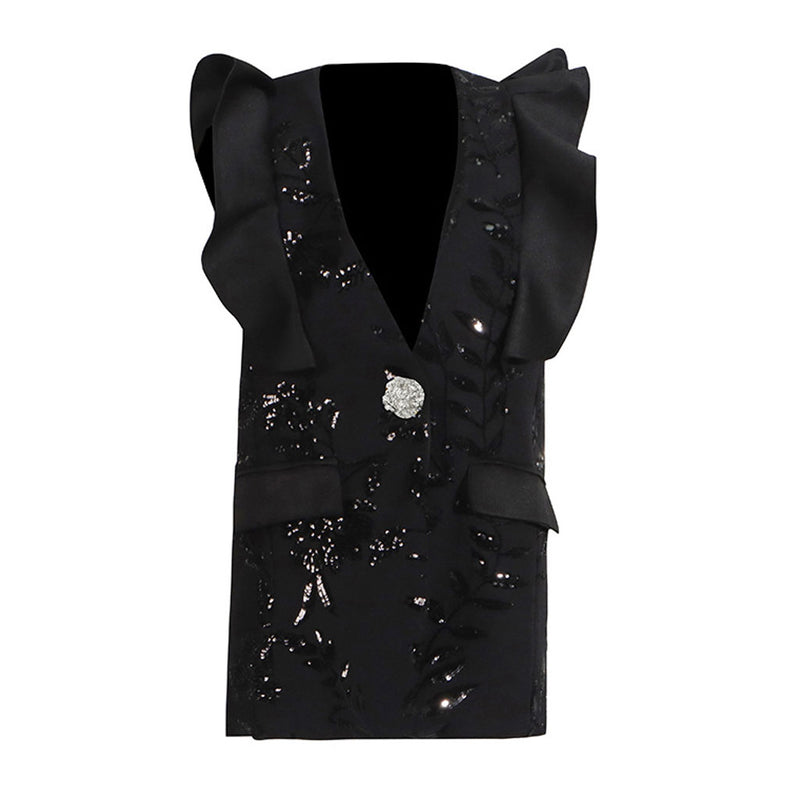 Shimmering Sequin Leaf Ruffled V Neck Metallic One Button Long Blazer Vest