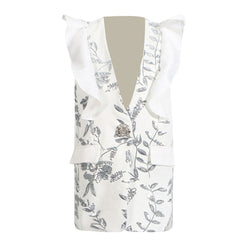 Shimmering Sequin Leaf Ruffled V Neck Metallic One Button Long Blazer Vest