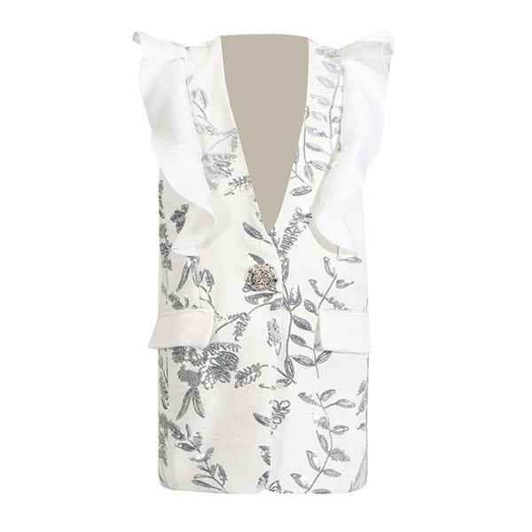 Shimmering Sequin Leaf Ruffled V Neck Metallic One Button Long Blazer Vest