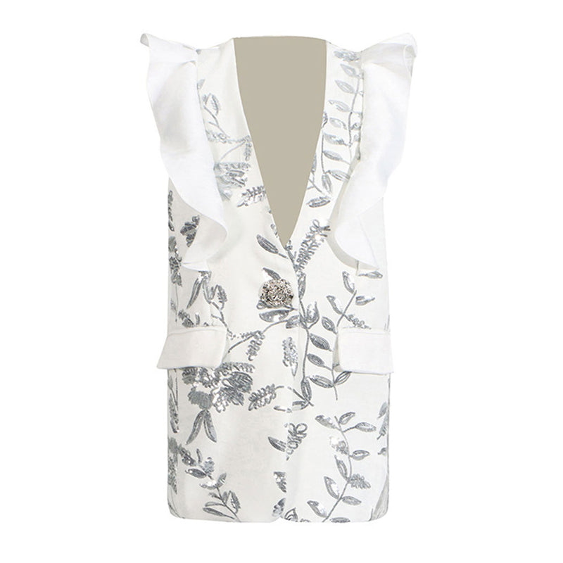 Shimmering Sequin Leaf Ruffled V Neck Metallic One Button Long Blazer Vest
