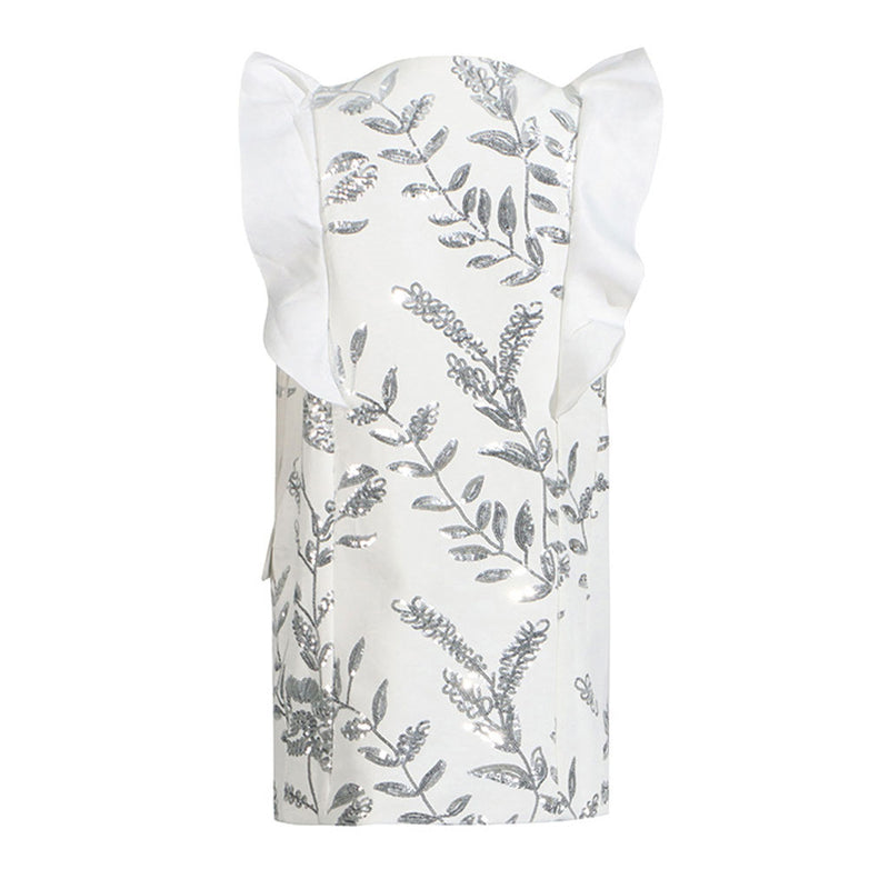 Shimmering Sequin Leaf Ruffled V Neck Metallic One Button Long Blazer Vest