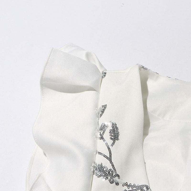 Shimmering Sequin Leaf Ruffled V Neck Metallic One Button Long Blazer Vest