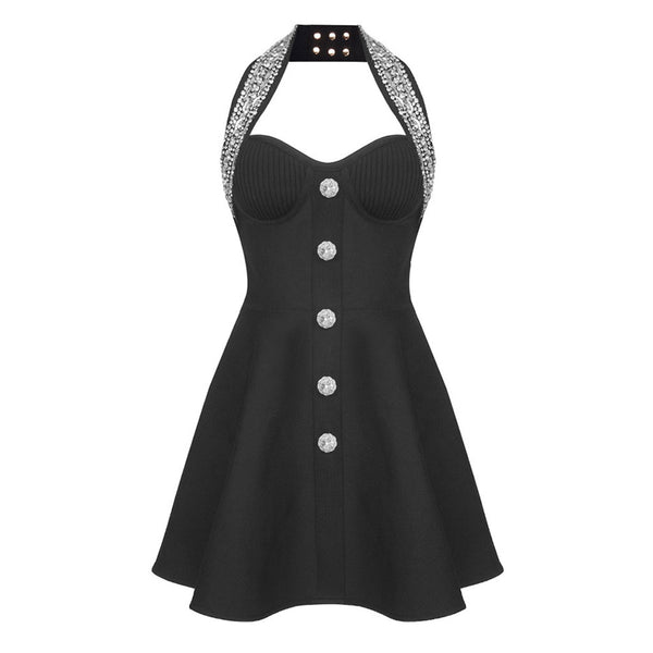 Shiny Crystal Buttoned Halter Bustier Sleeveless Bandage Skater Mini Dress