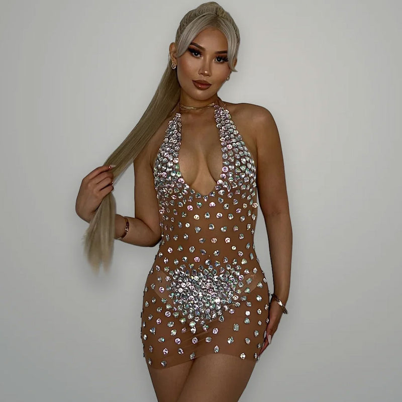 Shiny Rhinestone Embellished Halter Neck Backless Sheer Mesh Mini Party Dress