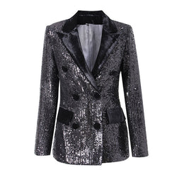Shiny Velvet Panel Peak Lapel Double Breasted Tailored Sequin Blazer