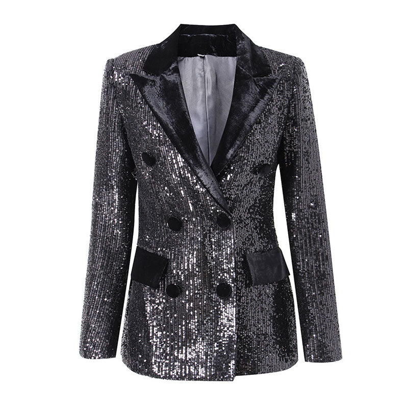 Shiny Velvet Panel Peak Lapel Double Breasted Tailored Sequin Blazer