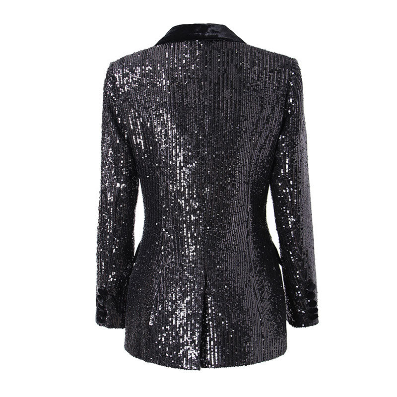 Shiny Velvet Panel Peak Lapel Double Breasted Tailored Sequin Blazer