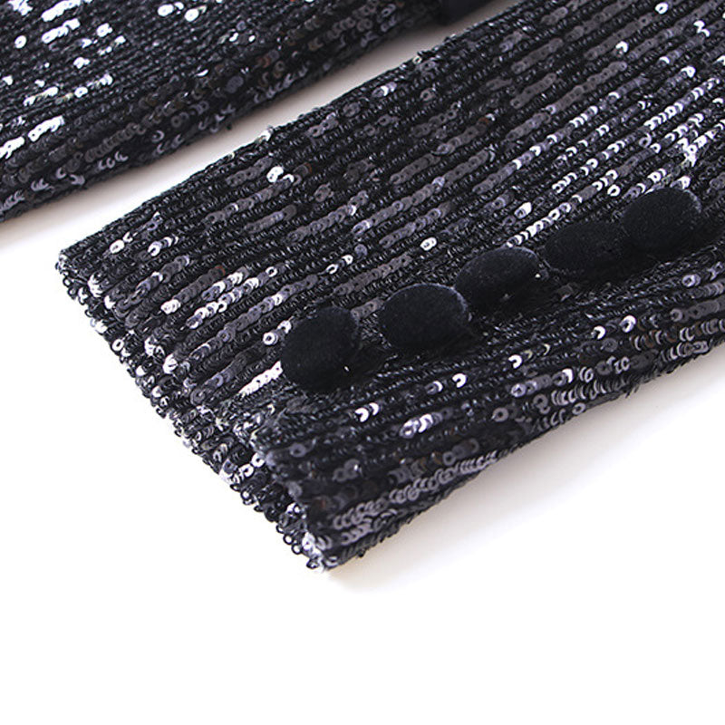 Shiny Velvet Panel Peak Lapel Double Breasted Tailored Sequin Blazer