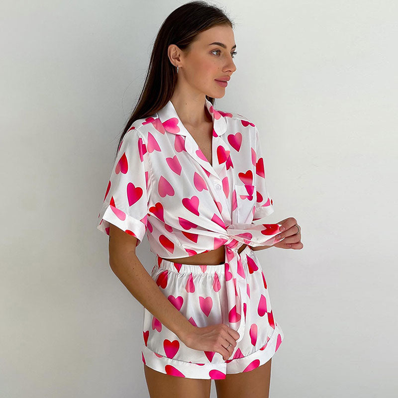 Silky Satin Heart Printed Lapel Button Up Blouse High Rise Shorts Lounge Set