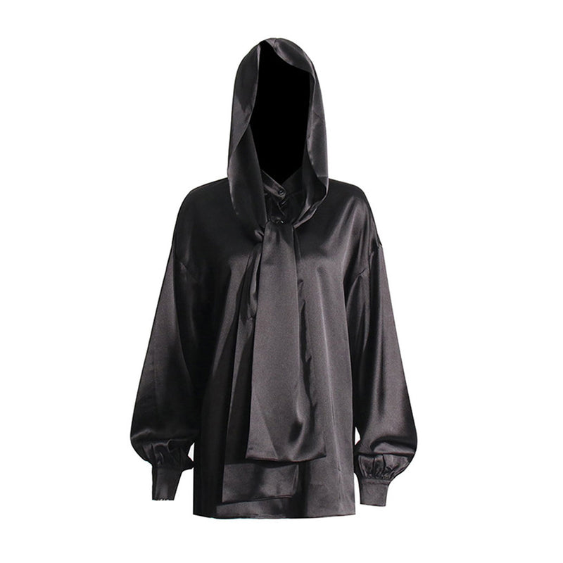 Silky Stand Collar Tie Neck Hooded Lantern Sleeve Oversized Satin Shirt