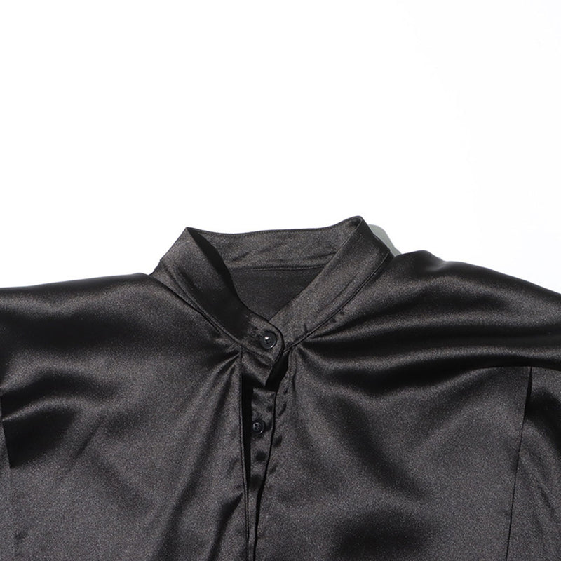 Silky Stand Collar Tie Neck Hooded Lantern Sleeve Oversized Satin Shirt