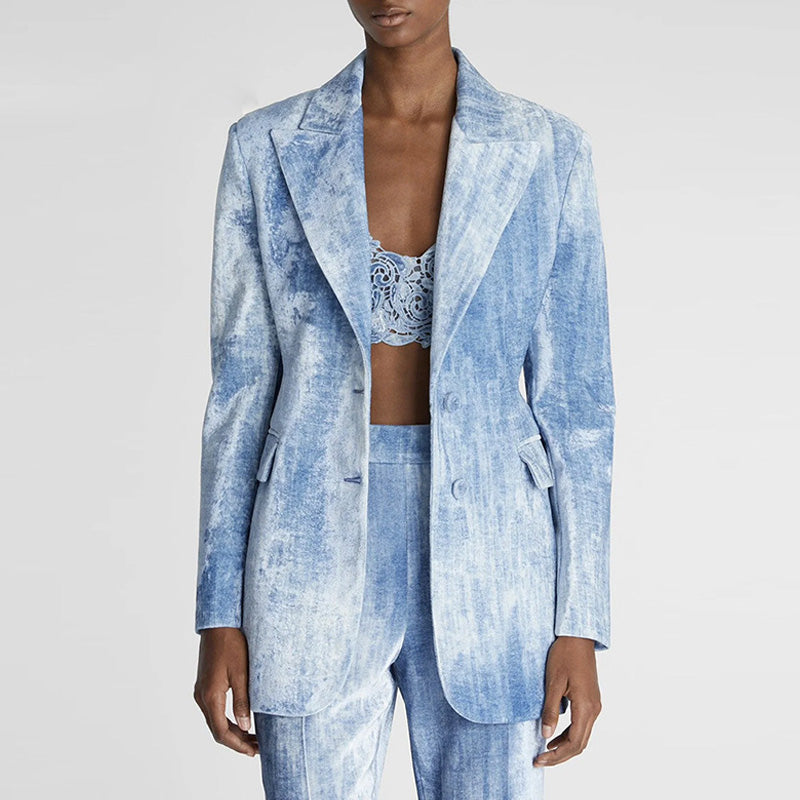 Smart Casual Tie Dye High Waist Flare Leg Pants Button Up Blazer Matching Set