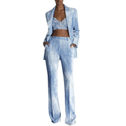Smart Casual Tie Dye High Waist Flare Leg Pants Button Up Blazer Matching Set