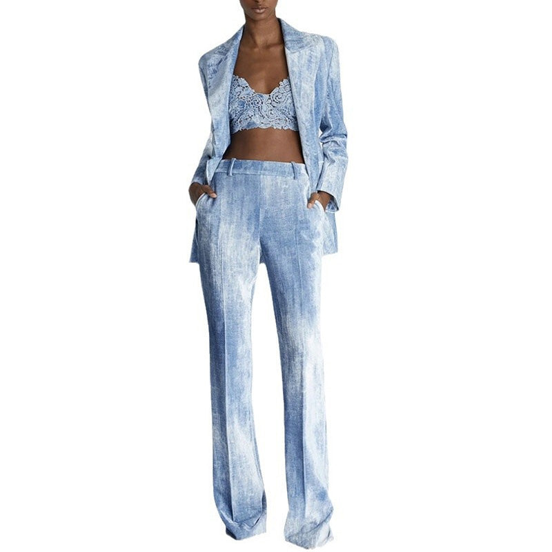 Smart Casual Tie Dye High Waist Flare Leg Pants Button Up Blazer Matching Set