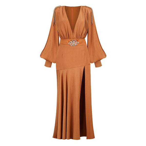 Snake Belted Fringe Bishop Sleeve Plunge Neck High Split Maxi Evening Dress