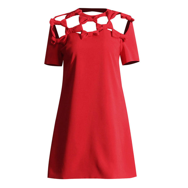Sophisticated Bow Cut Out Short Sleeve Crew Neck Crepe Mini Shift Dress