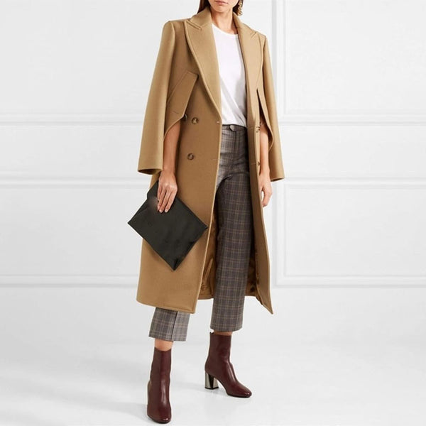 Sophisticated Notch Lapel Long Sleeve Double Breasted Wool Blend Cape Coat