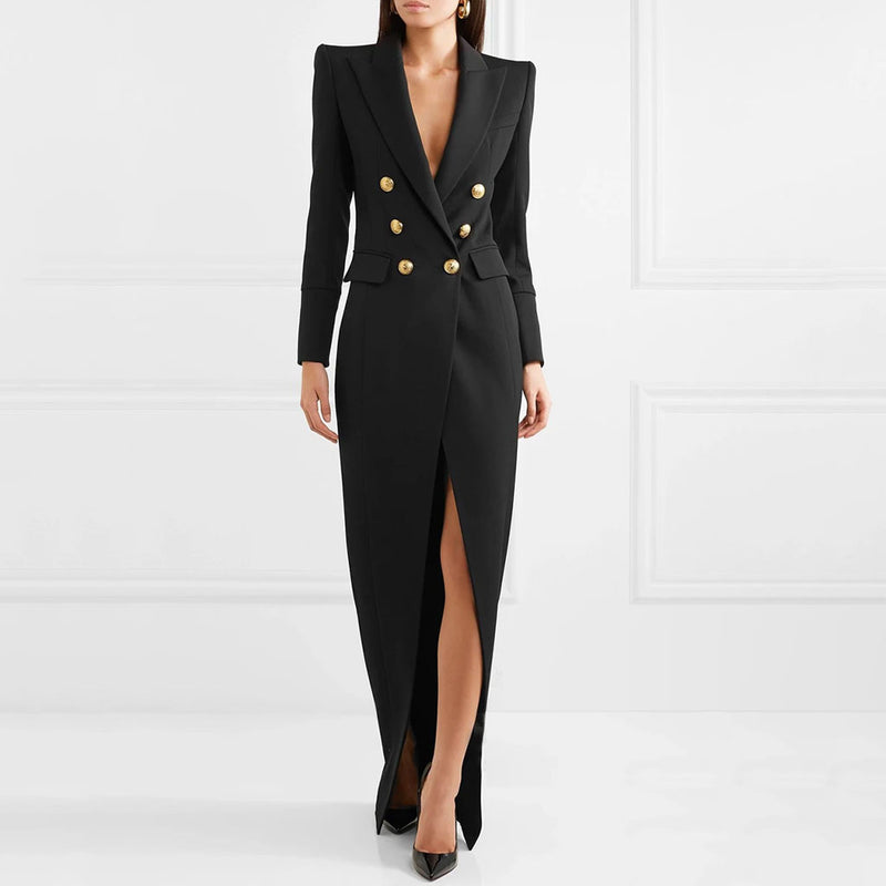 Sophisticated Peak Lapel Double Breasted Zip Back High Split Long Sleeve Tailored Coat