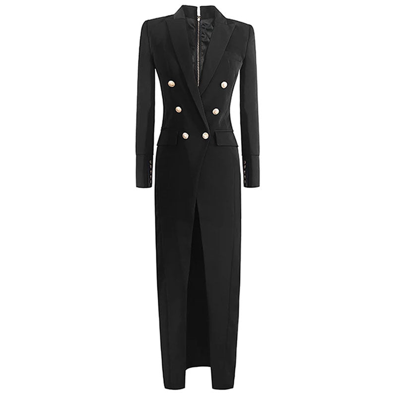 Sophisticated Peak Lapel Double Breasted Zip Back High Split Long Sleeve Tailored Coat