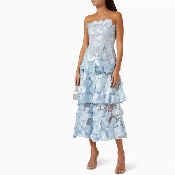 Sophisticated Strapless Tiered Ruffle 3D Flower Embellished Midi Party Dress