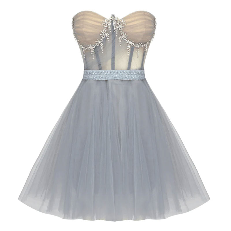 Sparkly Bowknot Crystal Bandeau Strapless Semi Sheer Corset Mini Tulle Dress