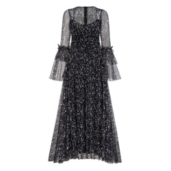 Sparkly Butterfly Print Bell Sleeve Ruffle A Line Floral Tulle Maxi Evening Dress