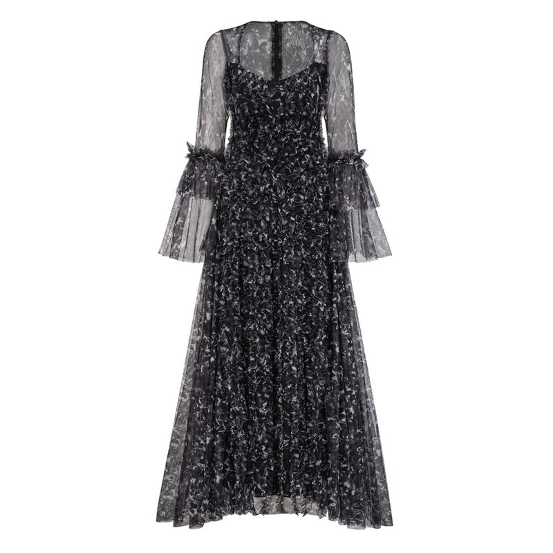 Sparkly Butterfly Print Bell Sleeve Ruffle A Line Floral Tulle Maxi Evening Dress