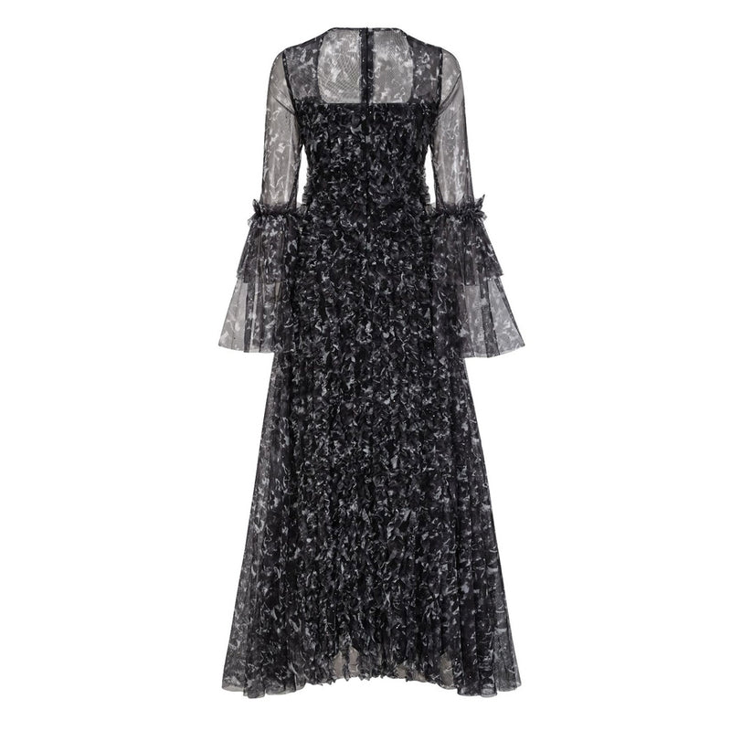 Sparkly Butterfly Print Bell Sleeve Ruffle A Line Floral Tulle Maxi Evening Dress