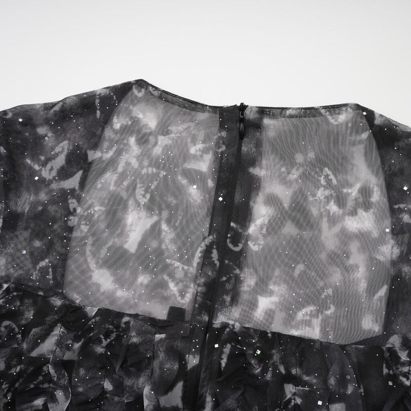 Sparkly Butterfly Print Bell Sleeve Ruffle A Line Floral Tulle Maxi Evening Dress