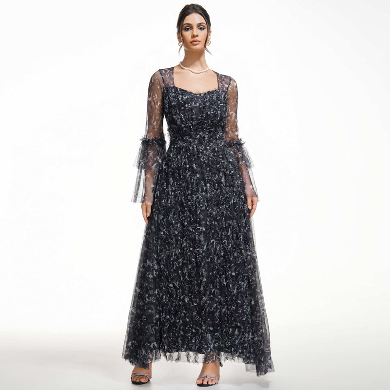 Sparkly Butterfly Print Bell Sleeve Ruffle A Line Floral Tulle Maxi Evening Dress