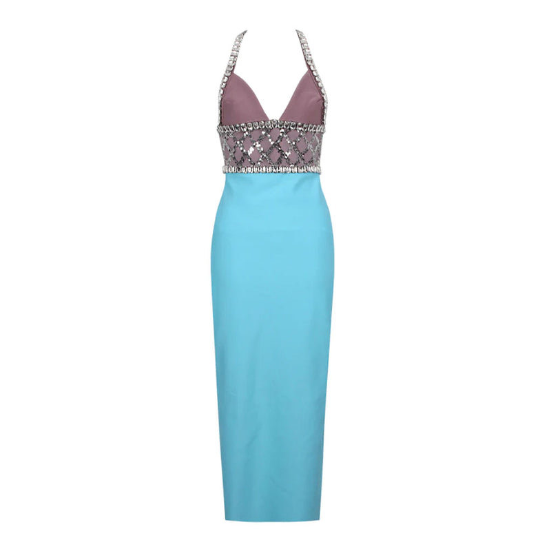 Sparkly Color Block Crystal and Sequin Detail Halter Neck Midi Cocktail Dress