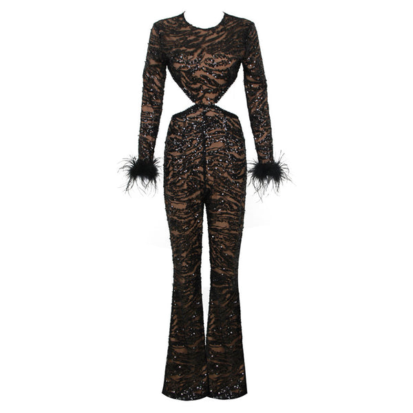 Sparkly Crew Neck Feather Trim Long Sleeve Cutout Bootcut Sequin Jumpsuit