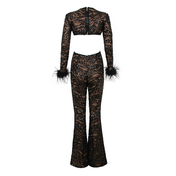 Sparkly Crew Neck Feather Trim Long Sleeve Cutout Bootcut Sequin Jumpsuit