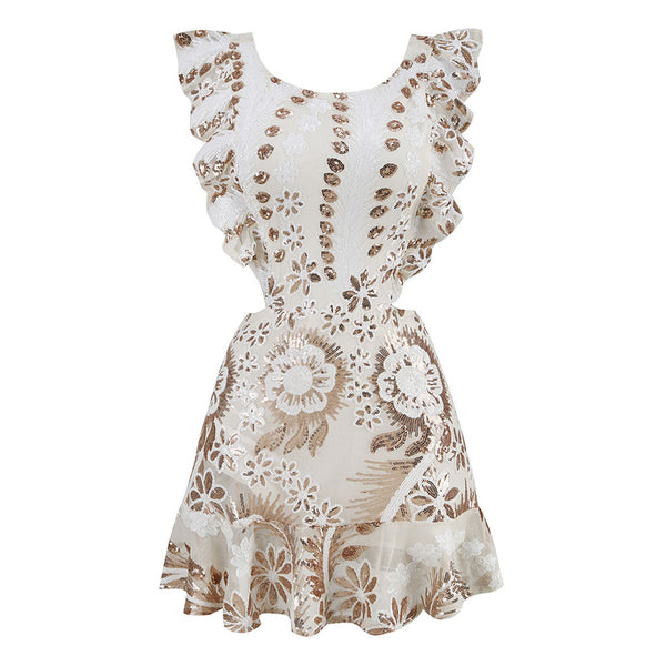 Sparkly Crew Neck Sequined Floral Cutout Ruffle Trim Mini Party Dress