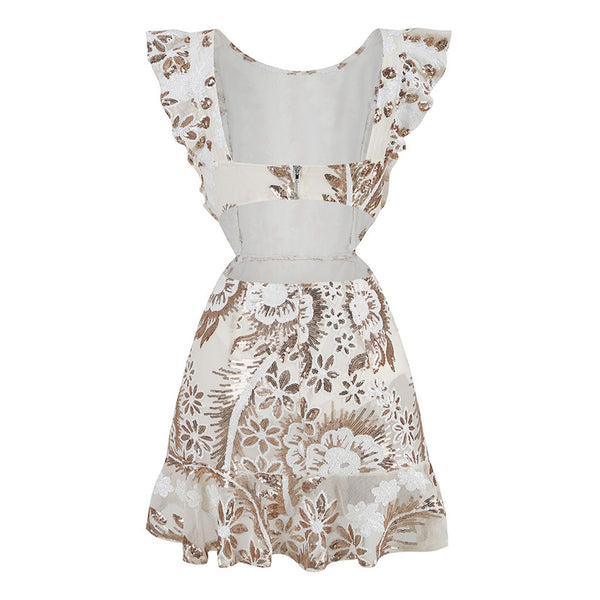 Sparkly Crew Neck Sequined Floral Cutout Ruffle Trim Mini Party Dress