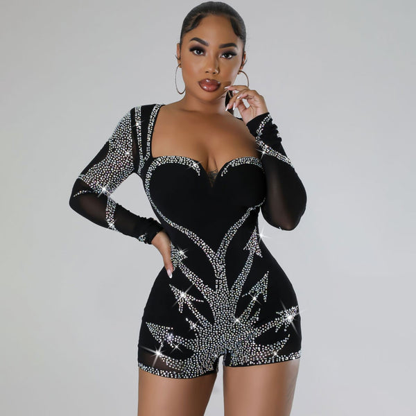 Sparkly Crystal Accent Sweetheart Neck Sheer Long Sleeve Bodycon Party Romper