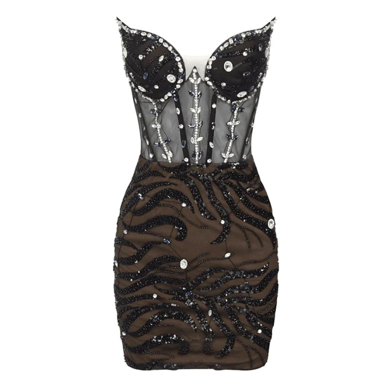 Sparkly Crystal and Sequin Sheer Mesh Corset Ruched Strapless Mini Party Dress
