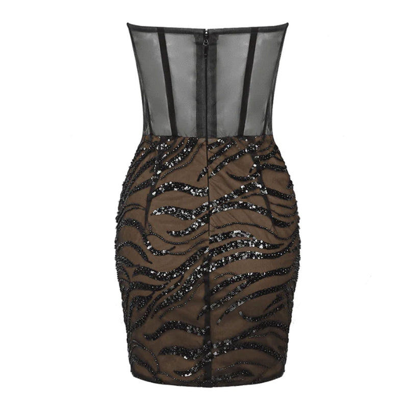 Sparkly Crystal and Sequin Sheer Mesh Corset Ruched Strapless Mini Party Dress