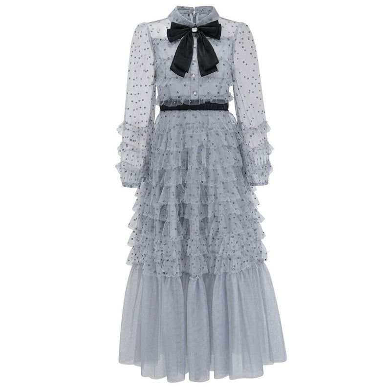 Sparkly Crystal Bow Collared Bishop Sleeve Dotted Tulle Ruffle Tiered Maxi Dress