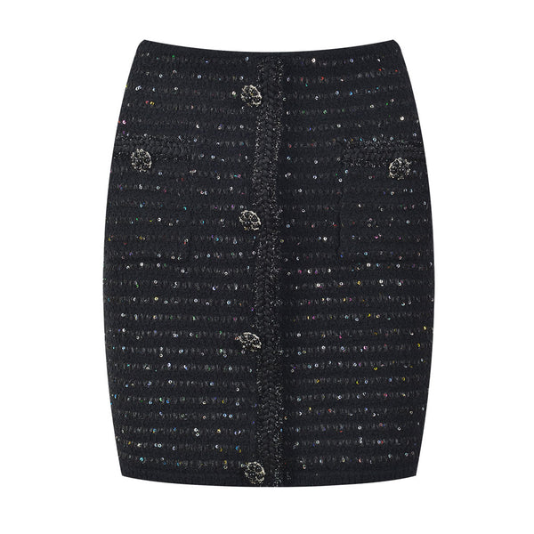 Sparkly Crystal Button High Waist Patch Pocket Bodycon Sequin Knit Mini Skirt