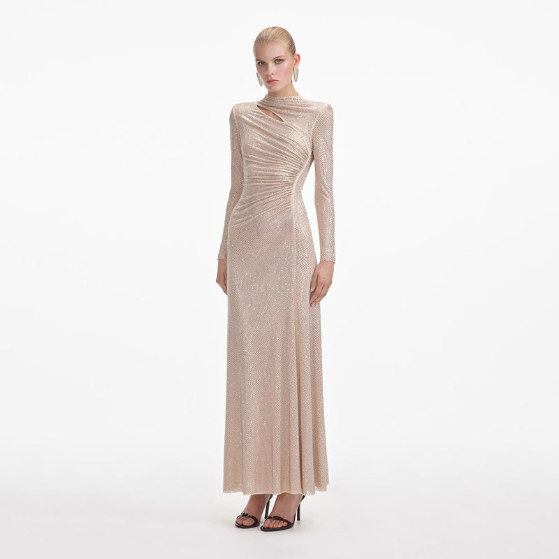 Sparkly Crystal Mock Neck Shoulder Pad Ruched Cutout Evening Maxi Dress