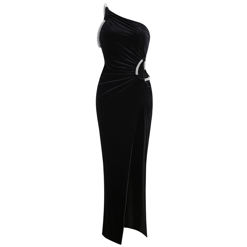 Sparkly Crystal One Shoulder Cutout High Split Velvet Maxi Evening Dress