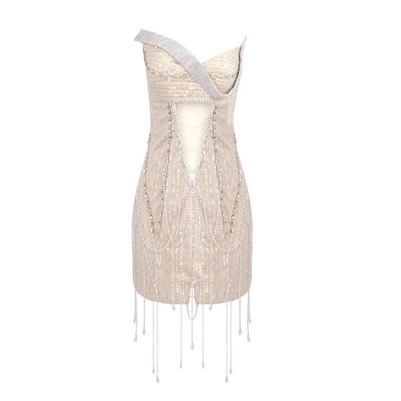 Sparkly Crystal & Pearl Fringe Bodycon Sheer Mesh Mini Strapless Dress