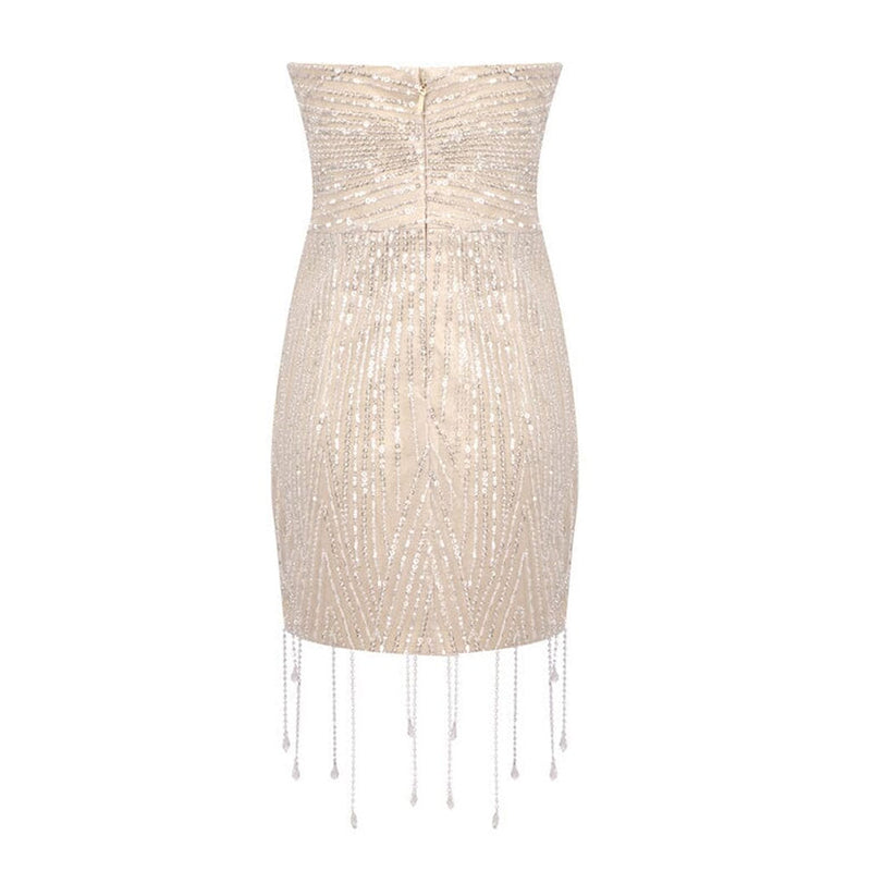 Sparkly Crystal & Pearl Fringe Bodycon Sheer Mesh Mini Strapless Dress