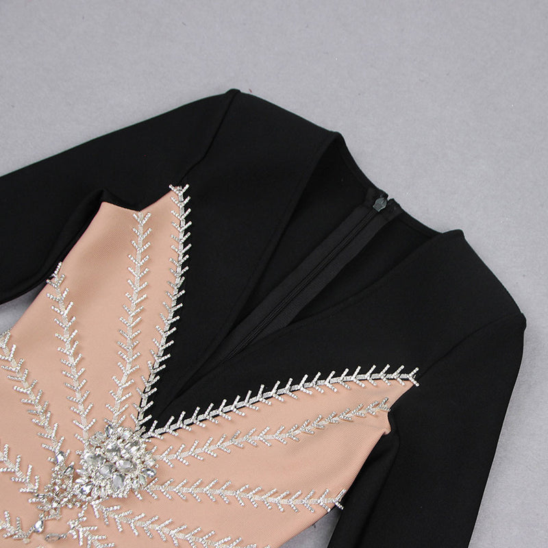 Sparkly Crystal Rosette Applique Bicolor Plunge Neck Bodycon Party Mini Bandage Dress