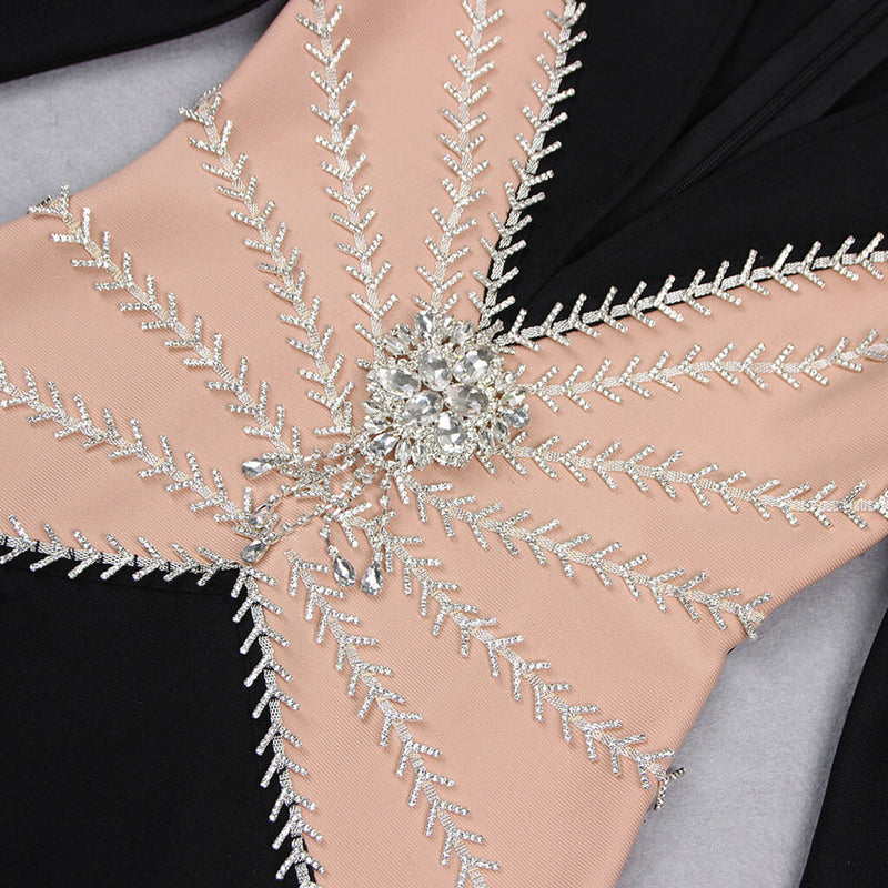 Sparkly Crystal Rosette Applique Bicolor Plunge Neck Bodycon Party Mini Bandage Dress