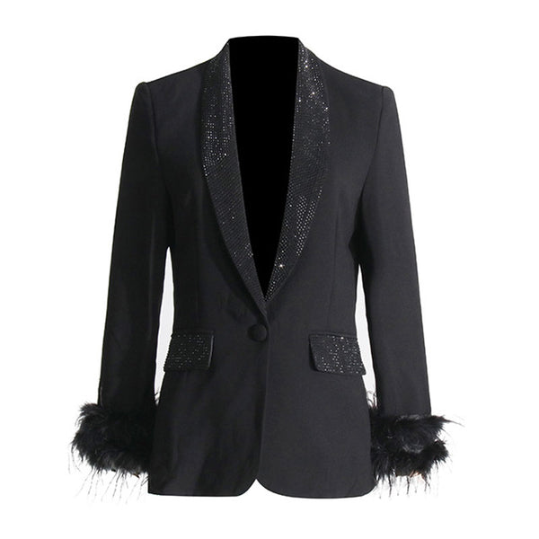 Sparkly Crystal Shawl Collar Faux Feather Trim Long Sleeve Single Button Tailored Blazer