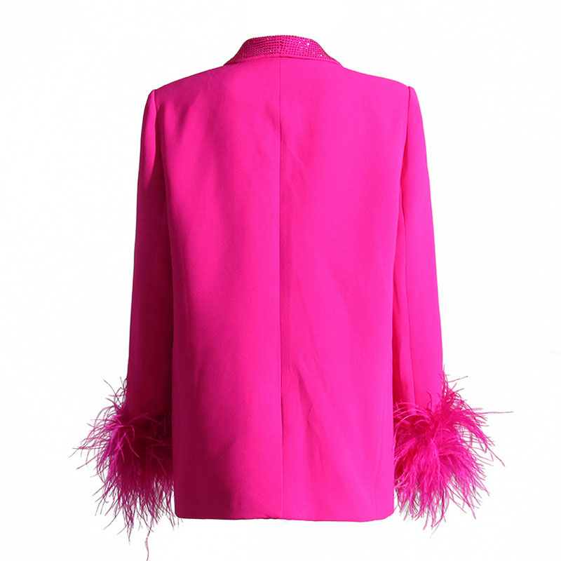 Sparkly Crystal Shawl Collar Faux Feather Trim Long Sleeve Single Butt ...