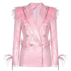 Sparkly Crystal Tassel Feather Shoulder Pad Double Breasted Sequin Blazer